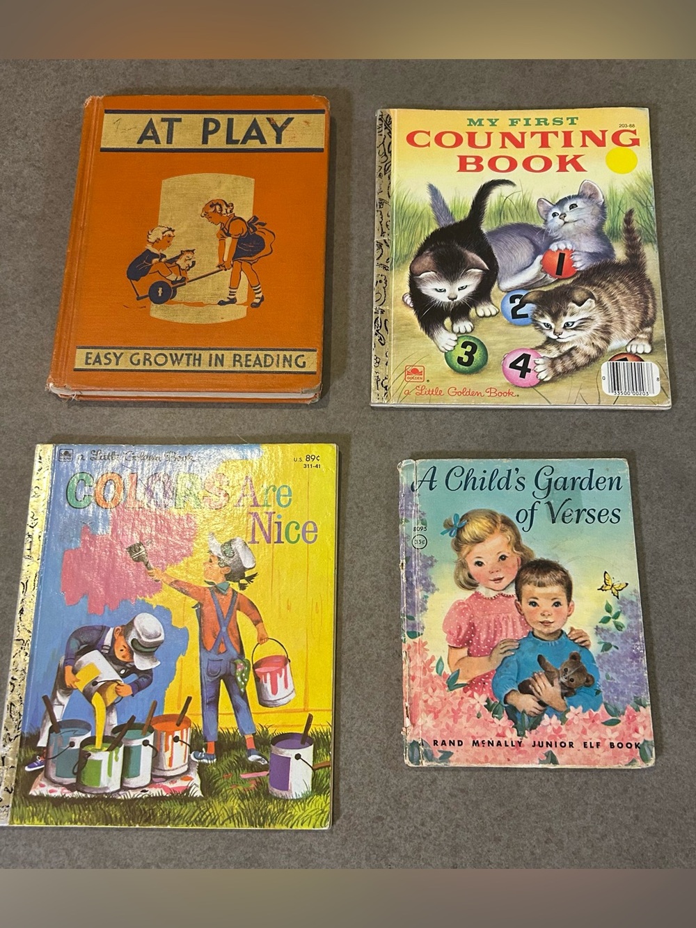 4 Vtg Children Books-AT PLAY (2) Little Golden Books,& (1)  Rand McNally Jr Elf